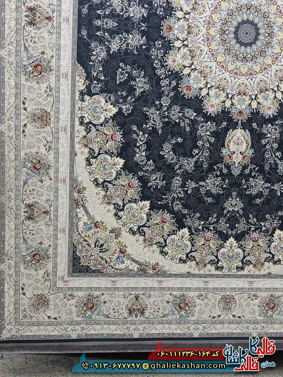 فرش 1200 شانه طرح فریبا رنگ طوسی دودی گل برجسته کاشان حاشیه