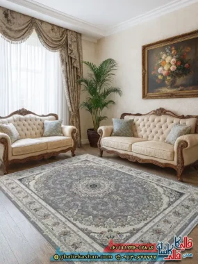فرش 1200 شانه طرح فریبا رنگ طوسی نقره ای گل برجسته کاشان