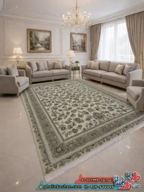 فرش 1200 شانه طرح لاوین رنگ کرم صدفی گل برجسته کاشان