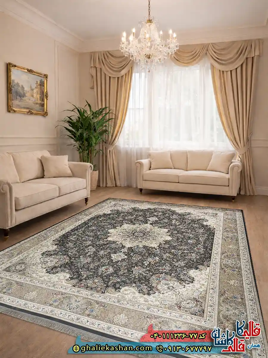 فرش 1200 شانه طرح ماهور رنگ طوسی متالیک گل برجسته کاشان دکوراسیون