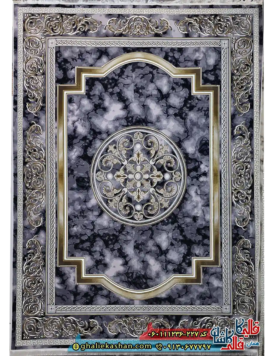 فرش طلاکوب 1200 شانه طرح مدوسا رنگ طوسی دودی گل برجسته کاشان اصلی