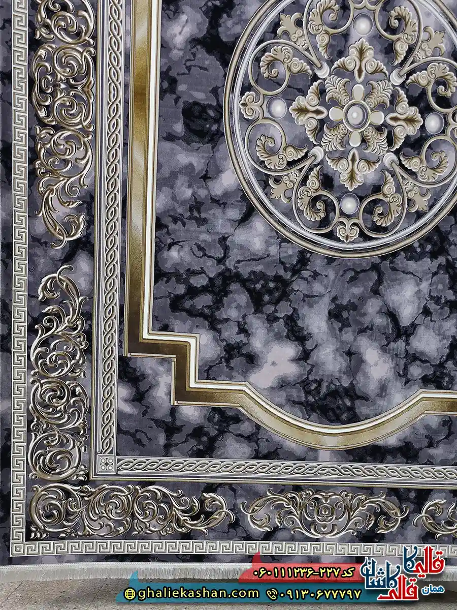 فرش طلاکوب 1200 شانه طرح مدوسا رنگ طوسی دودی گل برجسته کاشان حاشیه