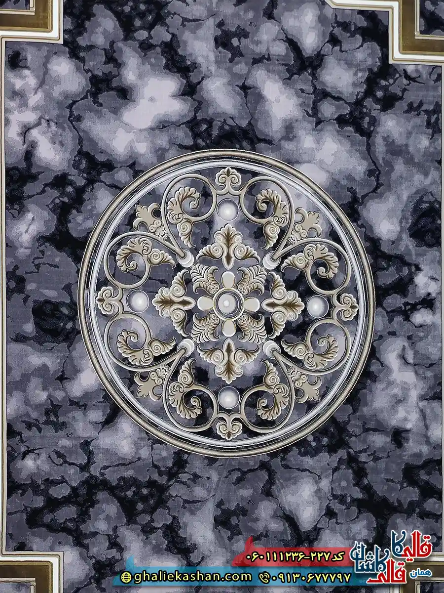 فرش طلاکوب 1200 شانه طرح مدوسا رنگ طوسی دودی گل برجسته کاشان زمینه