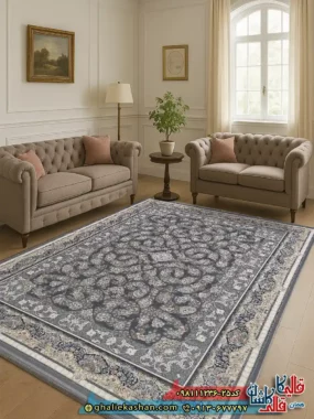 فرش 1200 شانه طرح افشان مهتاب رنگ طوسی نقره ای گل برجسته کاشان