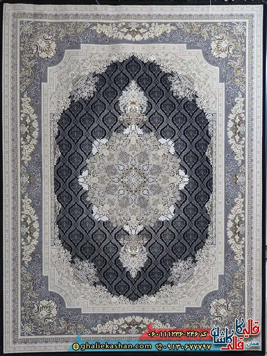 فرش 1200 شانه طرح مژده رنگ سرمه ای گل برجسته کاشان اصلی