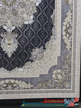 فرش 1200 شانه طرح مژده رنگ سرمه ای گل برجسته کاشان حاشیه