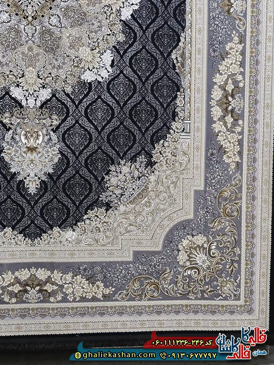 فرش 1200 شانه طرح مژده رنگ سرمه ای گل برجسته کاشان حاشیه
