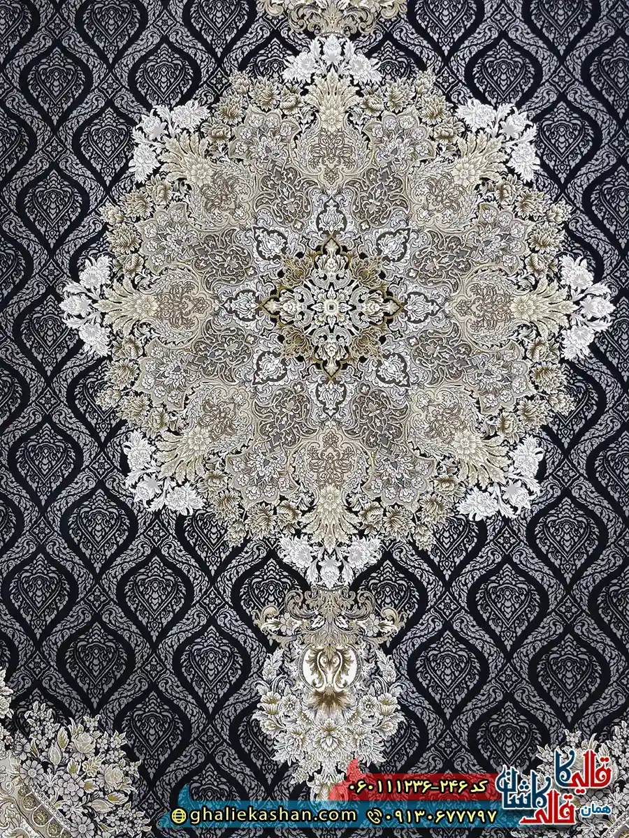 فرش 1200 شانه طرح مژده رنگ سرمه ای گل برجسته کاشان زمینه