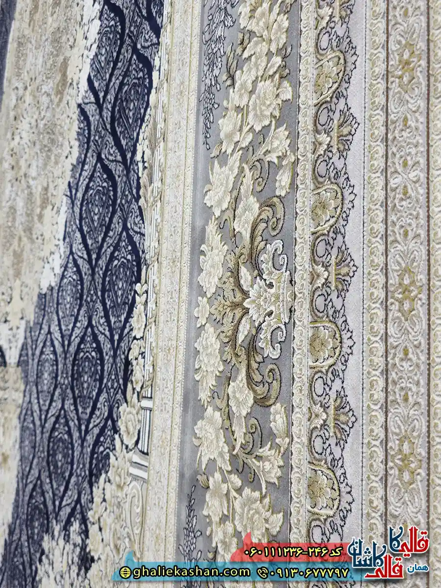 فرش 1200 شانه طرح مژده رنگ سرمه ای گل برجسته کاشان نزدیک