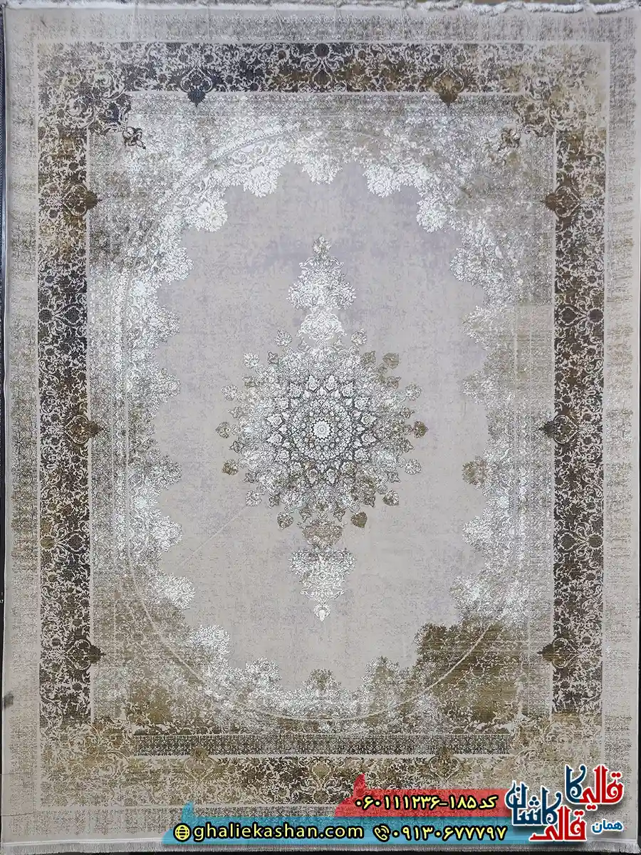 فرش 1200 شانه طرح نازنین رنگ کرم صدفی گل برجسته کاشان اصلی