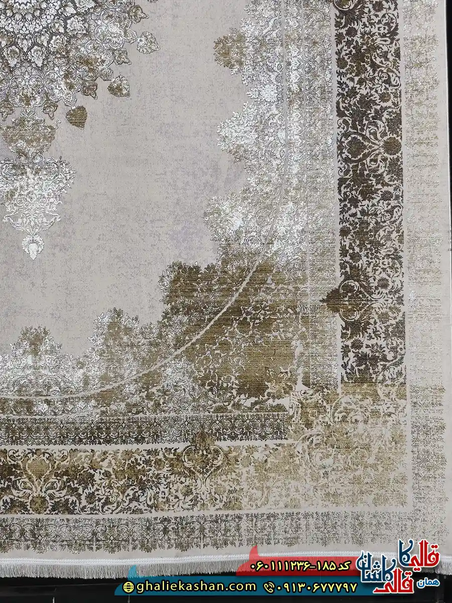 فرش 1200 شانه طرح نازنین رنگ کرم صدفی گل برجسته کاشان حاشیه