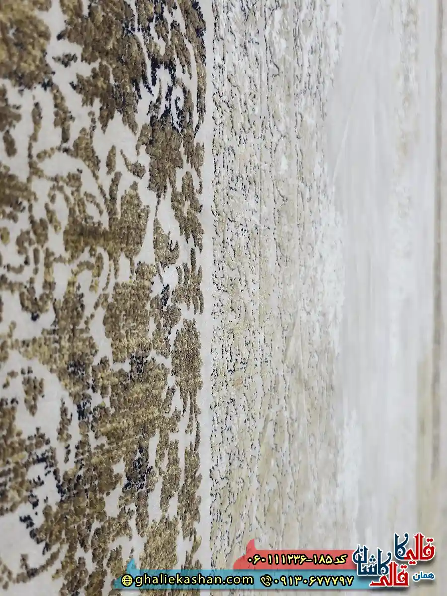 فرش 1200 شانه طرح نازنین رنگ کرم صدفی گل برجسته کاشان نزدیک