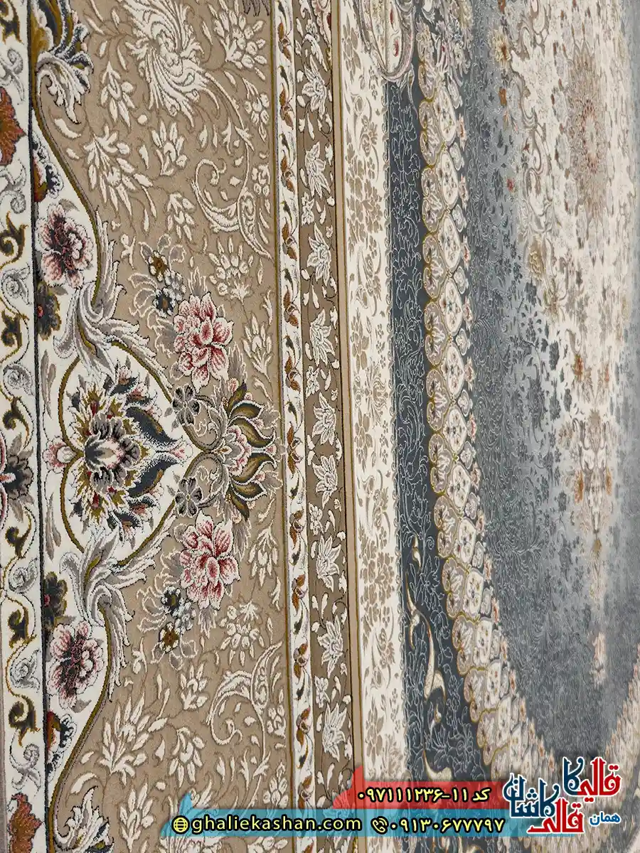 فرش 1200 شانه طرح چیچک رنگ طوسی دلفینی گل برجسته کاشان نزدیک