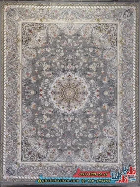 فرش 1200 شانه طرح گلستان رنگ طوسی نقره ای گل برجسته کاشان اصلی