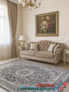 فرش 1200 شانه طرح گلستان رنگ طوسی نقره ای گل برجسته کاشان