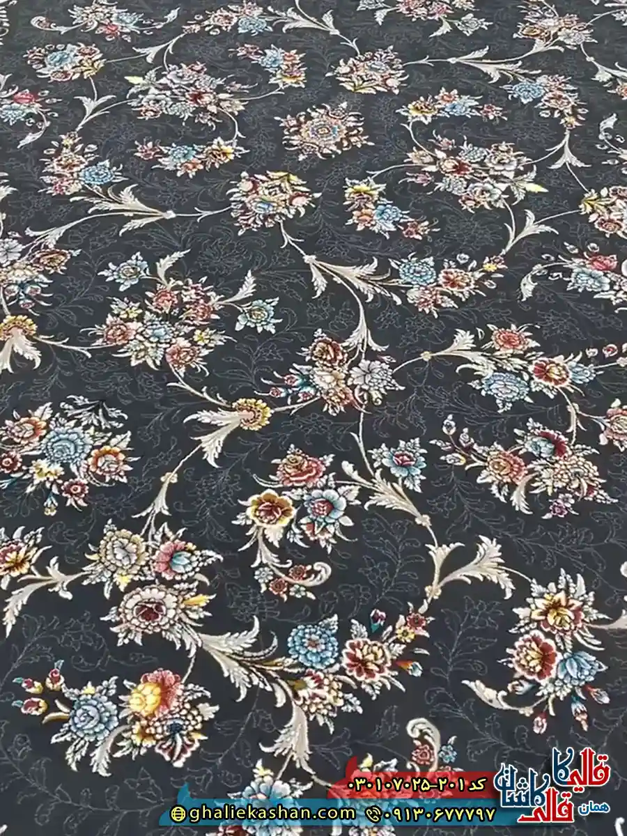 فرش 700 شانه طرح افشان حریر رنگ طوسی دودی کاشان زمینه