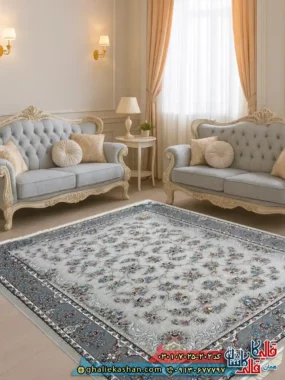 فرش 700 شانه طرح افشان حریر رنگ طوسی سیلور کاشان