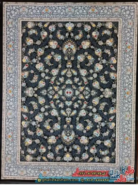 فرش 700 شانه طرح افشان رز رنگ سرمه ای کاشان اصلی