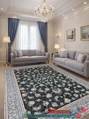 فرش 700 شانه طرح افشان رز رنگ سرمه ای کاشان