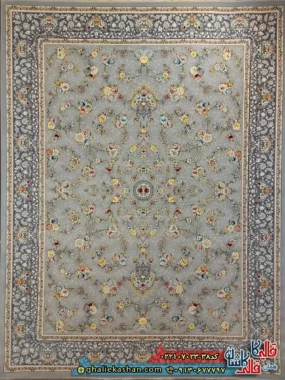 فرش 700 شانه طرح افشان رز رنگ طوسی نقره ای کاشان اصلی