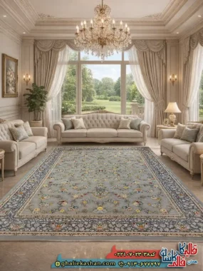 فرش 700 شانه طرح افشان رز رنگ طوسی نقره ای کاشان