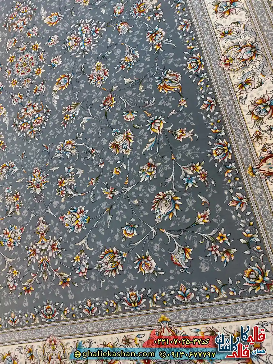 فرش 700 شانه طرح افشان وفا رنگ طوسی دودی کاشان زمینه