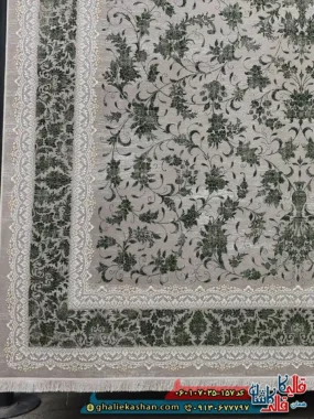 فرش 700 شانه طرح افشان گارنت رنگ سبز فیلی ترمه ای کاشان حاشیه