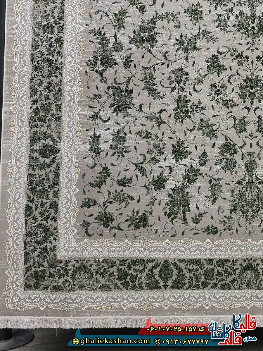 فرش 700 شانه طرح افشان گارنت رنگ سبز فیلی ترمه ای کاشان حاشیه