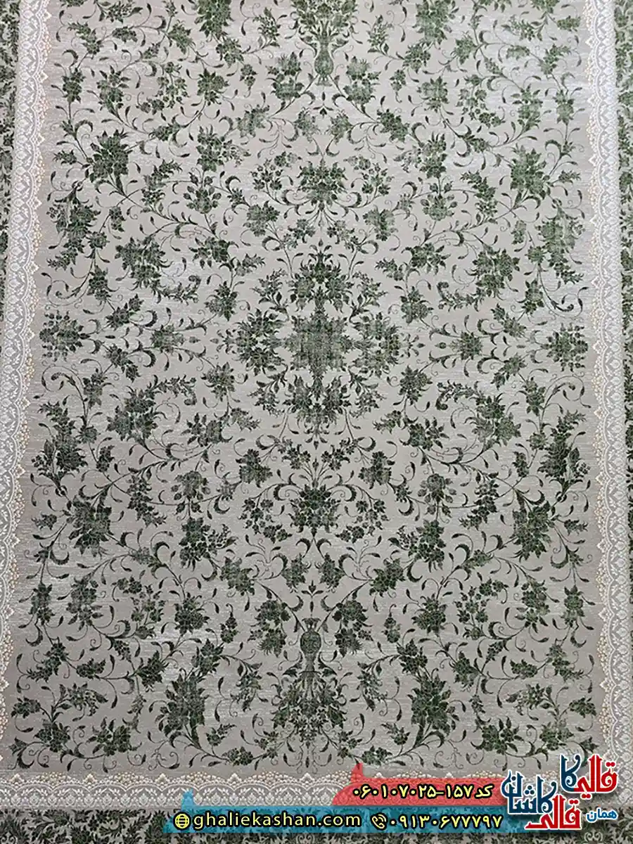 فرش 700 شانه طرح افشان گارنت رنگ سبز فیلی ترمه ای کاشان زمینه
