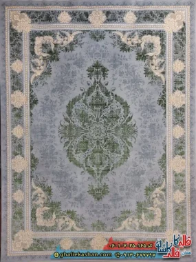 فرش 700 شانه طرح اپال رنگ سبز نقره ای کاشان اصلی
