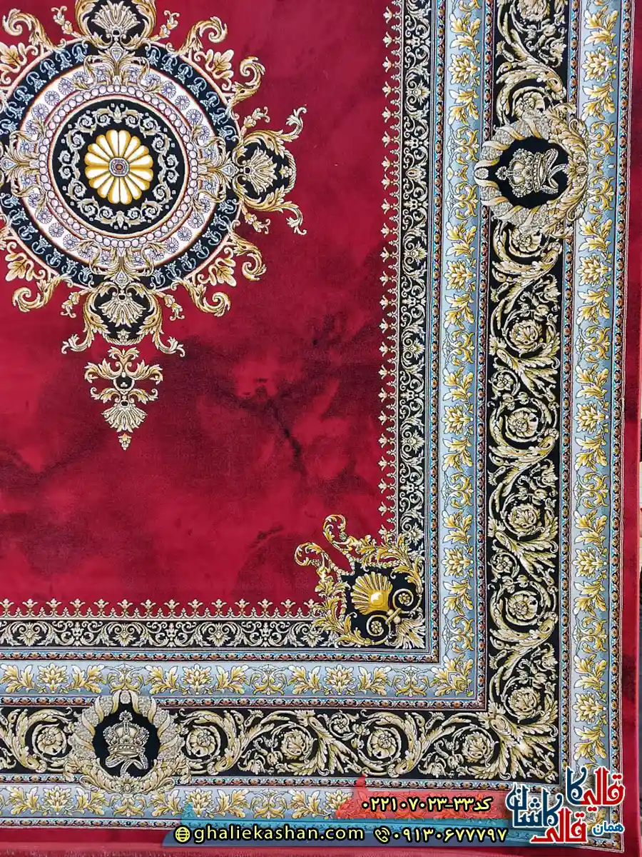 فرش 700 شانه طرح جیوا رنگ قرمز لاکی کاشان حاشیه