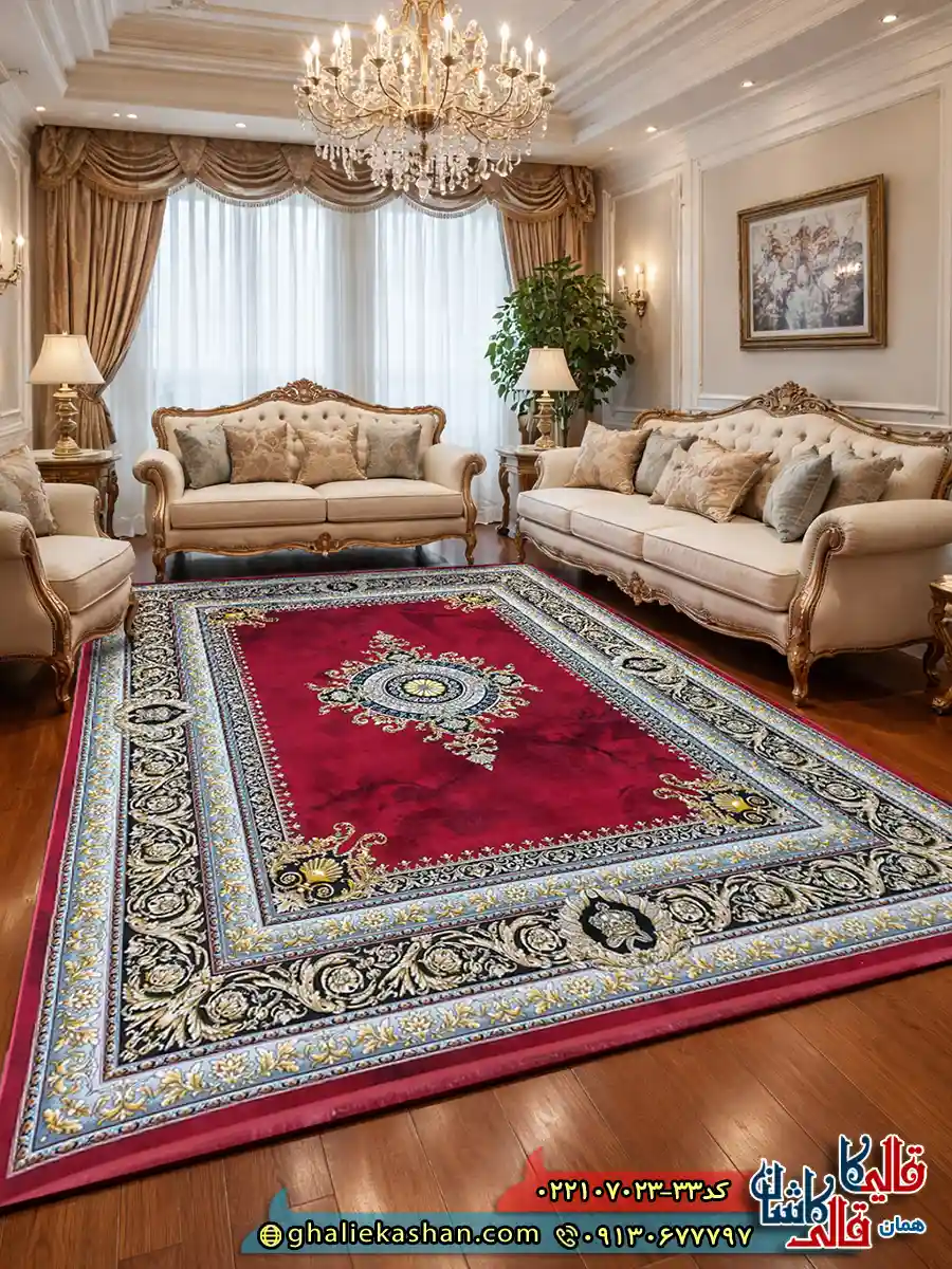 فرش 700 شانه طرح جیوا رنگ قرمز لاکی کاشان دکوراسیون