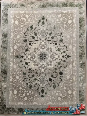 فرش 700 شانه طرح دنیز شاه عباسی رنگ سبز ترمه ای کاشان اصلی