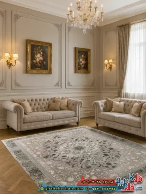 فرش 700 شانه طرح دنیز شاه عباسی رنگ سبز ترمه ای کاشان