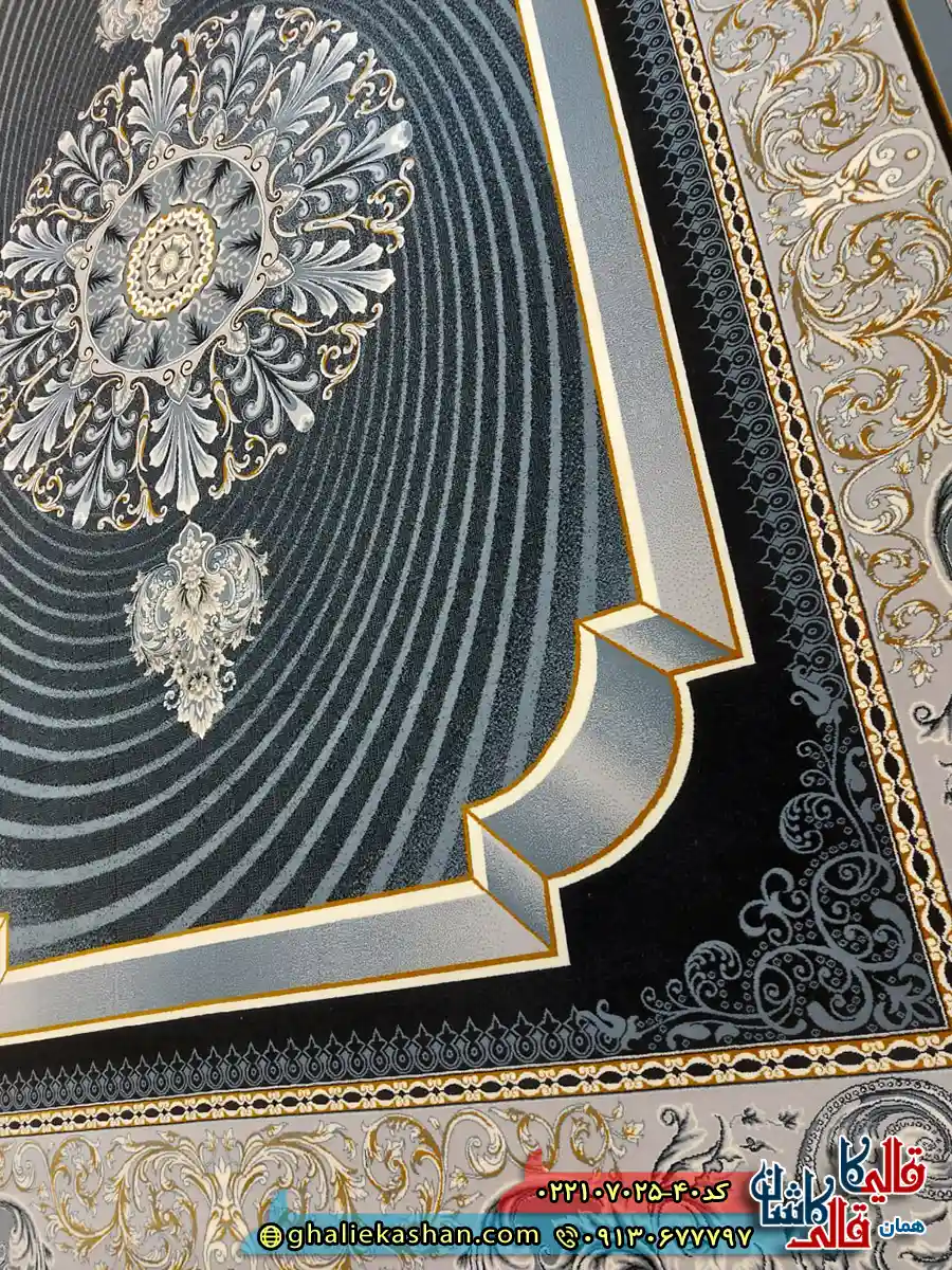 فرش 700 شانه طرح عاطفه رنگ سرمه ای کاشان زمینه