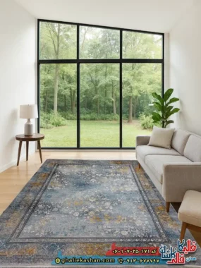 فرش وینتیج 700 شانه طرح مارینا رنگ آبی دودی کاشان
