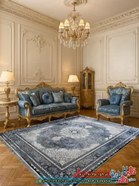 فرش 700 شانه طرح میراژ رنگ آبی دودی کاشان