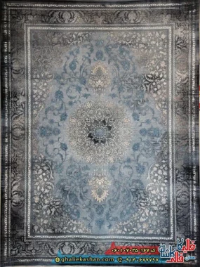 فرش 700 شانه طرح پالاس رنگ آبی سرمه ای کاشان اصلی
