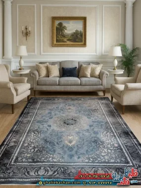فرش 700 شانه طرح پالاس رنگ آبی سرمه ای کاشان