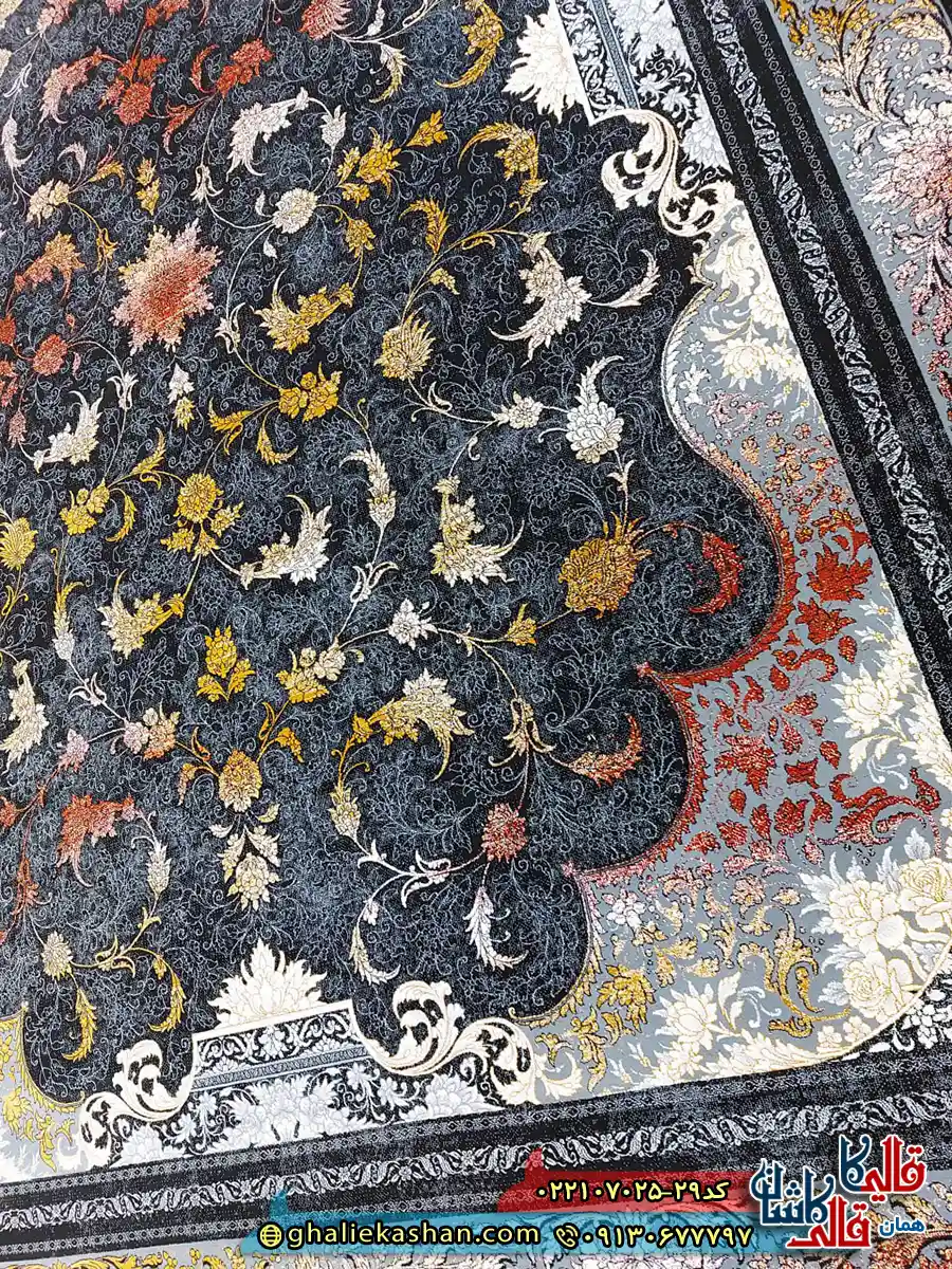 فرش 700 شانه طرح پاناروما رنگ سرمه ای کاشان زمینه