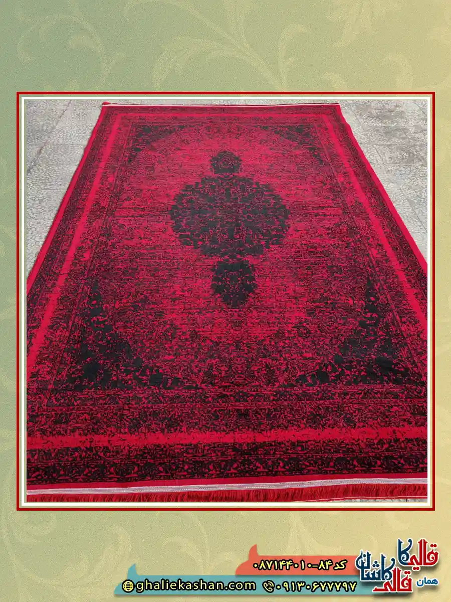 فرش ارزان سنتی طرح 700 شانه طرح گلاب رنگ قرمز مشکی کاشان زمینه