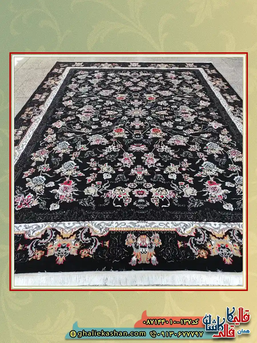 فرش ارزان طرح 700 شانه طرح افشان جانان رنگ سرمه ای کاشان زمینه