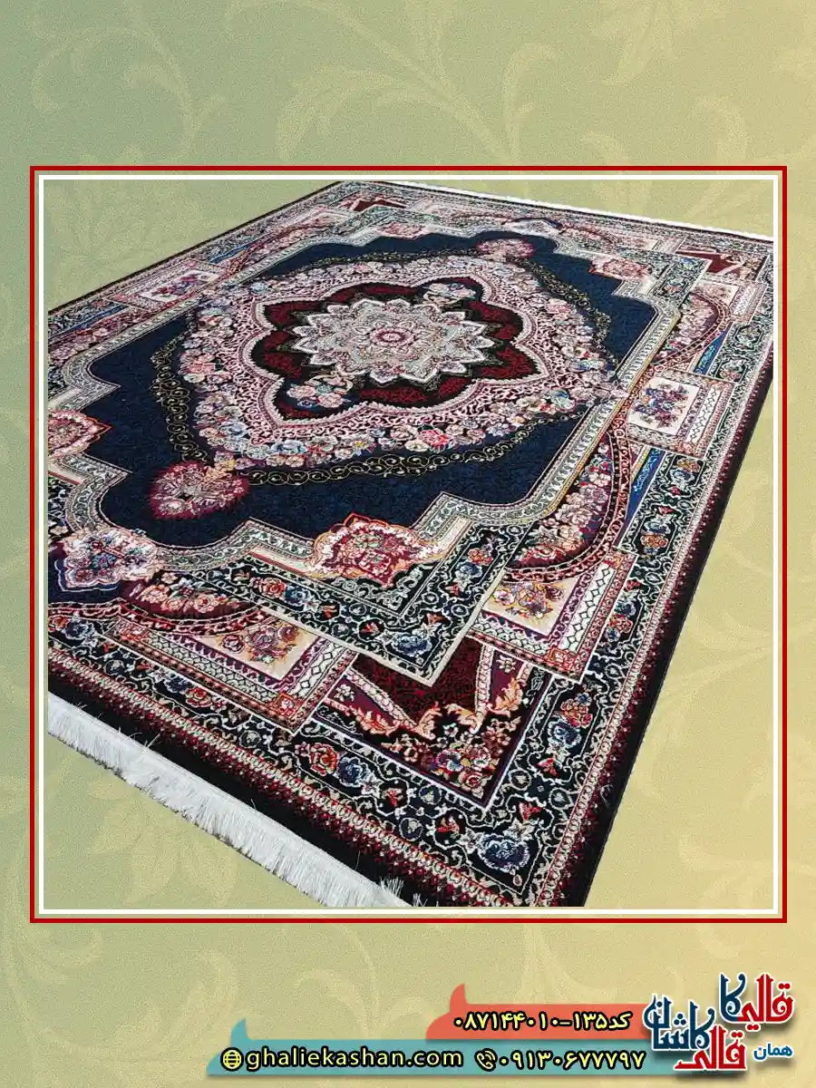 فرش ارزان طرح 700 شانه طرح باغ معلق رنگ سرمه ای فیلی کاشان اصلی