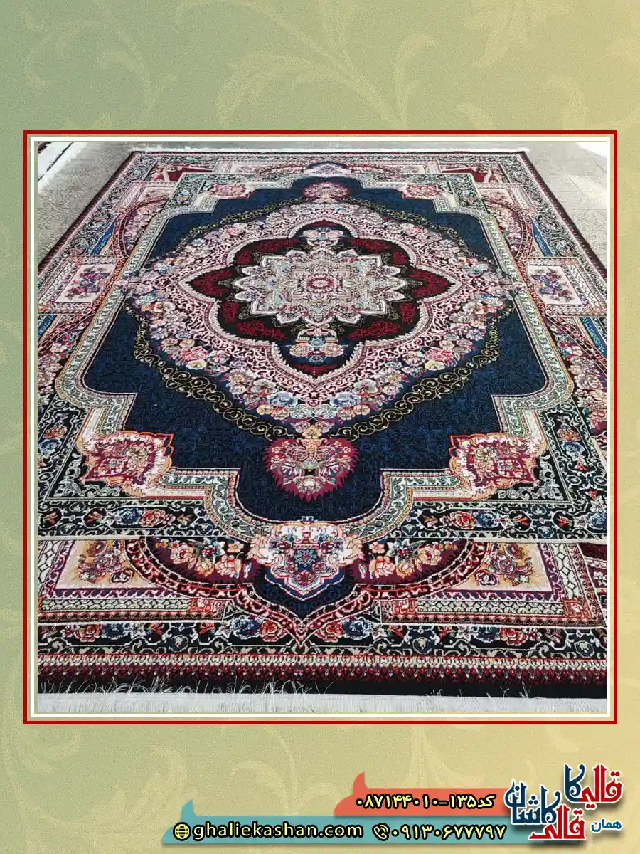 فرش ارزان طرح 700 شانه طرح باغ معلق رنگ سرمه ای فیلی کاشان زمینه