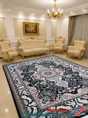 فرش ارزان طرح 700 شانه طرح تارا رنگ مشکی سرمه ای کاشان