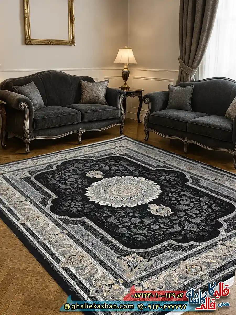 فرش ارزان طرح 700 شانه طرح سرور رنگ سرمه ای کاشان زمینه