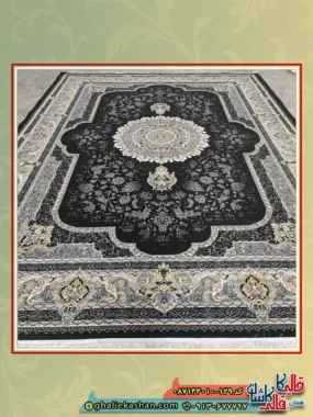 فرش ارزان طرح 700 شانه طرح سرور رنگ سرمه ای کاشان زمینه