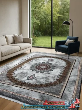 فرش ارزان طرح 700 شانه طرح مرمر رنگ طوسی فیلی کاشان