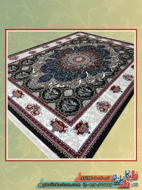 فرش ارزان طرح 700 شانه طرح چکاوک رنگ سرمه ای کاشان اصلی