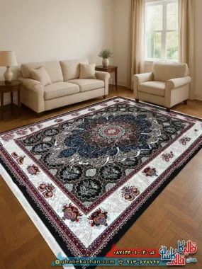 فرش ارزان طرح 700 شانه طرح چکاوک رنگ سرمه ای کاشان